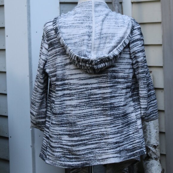 Bella Luxx White w Black Blanket Stripe Draped Waterfall Open Hooded Cardigan S - Picture 6 of 8